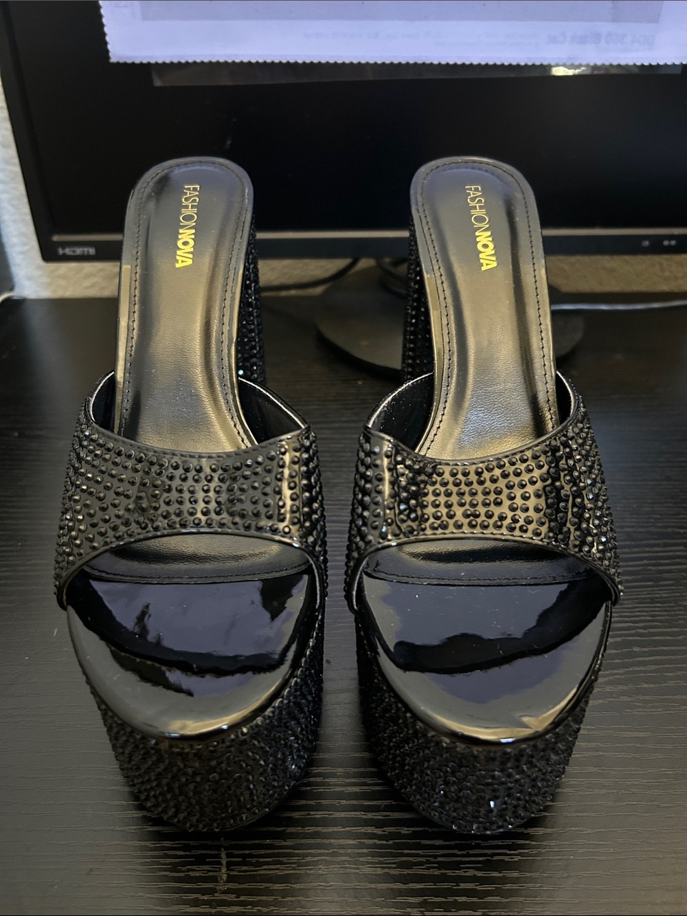 Fashion Nova Black Studded Patent Platform Slide Mules